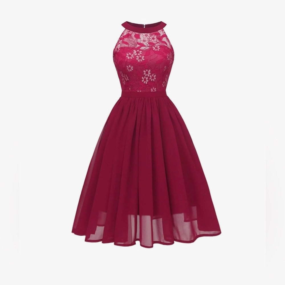 IWEMEK Elegant Red Lace Halter Dress